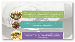 -Unas horas después de haber sido descubierta la conspiración en
Dolores y de tomar presos a los españoles, Don Miguel Hidalgo y
Costilla mandó tocar las campanas de la Iglesia.

-El día 20, Hidalgo marcha a la cabeza de cincuenta mil hombres,
rumbo a la Capital del Virreinato

-Los jefes insurgentes marcharon rumbo a los Estados Unidos de
Norteamérica, para buscar apoyo a favor de la causa de la
Independencia.

 