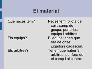 En que consisteix? El futbol consisteix en marcar en la porteria contraria i no en la teva. Al final de el partit es conten els gols i qui hagi marcat mes gols guanya. 