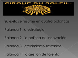Su éxito se resume en cuatro palancas:

Palanca 1: la estrategia

Palanca 2 : la política de innovación

Palanca 3 : crecimiento sostenido

Palanca 4 : la gestión de talento
 