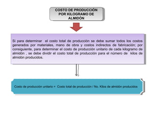 COSTO DE PRODUCCIÓN POR KILOGRAMO DE ALMIDÓN Si para determinar  el costo total de producción se debe sumar todos los costos generados por materiales, mano de obra y costos indirectos de fabricación; por consiguiente, para determinar el costo de producción unitario de cada kilogramo de almidón , se debe dividir el costo total de producción para el número de  kilos de almidón producidos. Costo de producción unitario =  Costo total de producción / No. Kilos de almidón producidos 