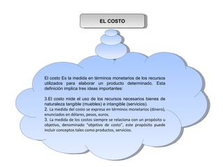 EL COSTO  El costo  Es la medida en términos monetarios de los recursos utilizados para elaborar un producto determinado. Esta definición implica tres ideas importantes: El costo mide el uso de los recursos necesarios bienes de naturaleza tangible (muebles) e intangible (servicios). 2.  La medida del costo se expresa en términos monetarios (dinero), enunciados en dólares, pesos, euros. 3.  La medida de los costos siempre se relaciona con un propósito u objetivo, denominado “objetivo de costo”, este propósito puede incluir conceptos tales como productos, servicios. 