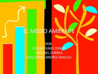 EL MEDIO AMBIENTE

           POR:
    EDGAR YUNEZ OYAGA
      MICHAEL CORREA
 GUILLERMO ANDRES ANGULO
 