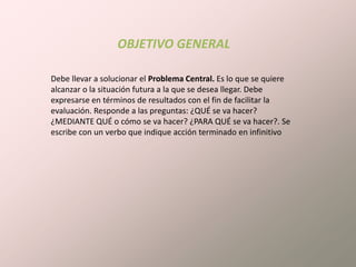 OBJETIVO GENERALDebe llevar a solucionar el Problema Central. Es lo que se quiere alcanzar o la situación futura a la que se desea llegar. Debe expresarse en términos de resultados con el fin de facilitar la evaluación. Responde a las preguntas: ¿QUÉ se va hacer? ¿MEDIANTE QUÉ o cómo se va hacer? ¿PARA QUÉ se va hacer?. Se escribe con un verbo que indique acción terminado en infinitivo