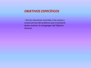 OBJETIVOS ESPECÍFICOS- Son las soluciones concretas a las causas y consecuencias del problema que el proyecto desea resolver. Se desagregan del Objetivo General: