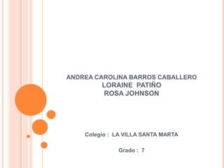 ANDREA CAROLINA BARROS CABALLEROLORAINE  PATIÑOROSA JOHNSON Colegio :  LA VILLA SANTA MARTA Grado :  7  