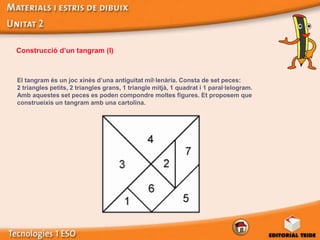 Construcció d’un tangram (I)



El tangram és un joc xinès d’una antiguitat mil·lenària. Consta de set peces:
2 triangles petits, 2 triangles grans, 1 triangle mitjà, 1 quadrat i 1 paral·lelogram.
Amb aquestes set peces es poden compondre moltes figures. Et proposem que
construeixis un tangram amb una cartolina.
 