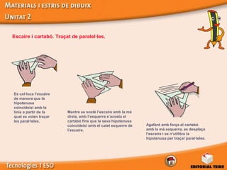 Escaire i cartabó. Traçat de paralel·les.




Es col·loca l’escaire
de manera que la
hipotenusa
coincideixi amb la
línia a partir de la    Mentre se sosté l’escaire amb la mà
qual es volen traçar    dreta, amb l’esquerra s’acosta el
les paral·leles.        cartabó fins que la seva hipotenusa
                        coincideixi amb el catet esquerre de   Agafant amb força el cartabó
                        l’escaire.                             amb la mà esquerra, es desplaça
                                                               l’escaire i se n’utilitza la
                                                               hipotenusa per traçar paral·leles.
 