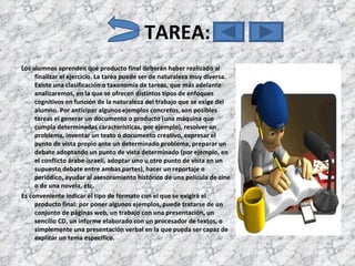 TAREA: Los alumnos aprenden qué producto final deberán haber realizado al finalizar el ejercicio. La tarea puede ser de naturaleza muy diversa. Existe una clasificación o taxonomía de tareas, que más adelante analizaremos, en la que se ofrecen distintos tipos de enfoques cognitivos en función de la naturaleza del trabajo que se exige del alumno. Por anticipar algunos ejemplos concretos, son posibles tareas el generar un documento o producto (una máquina que cumpla determinadas características, por ejemplo), resolver un problema, inventar un texto o documento creativo, expresar el punto de vista propio ante un determinado problema, preparar un debate adoptando un punto de vista determinado (por ejemplo, en el conflicto árabe-israelí, adoptar uno u otro punto de vista en un supuesto debate entre ambas partes), hacer un reportaje o periódico, ayudar al asesoramiento histórico de una película de cine o de una novela, etc. Es conveniente indicar el tipo de formato con el que se exigirá el producto final: por poner algunos ejemplos, puede tratarse de un conjunto de páginas web, un trabajo con una presentación, un sencillo CD, un informe elaborado con un procesador de textos, o simplemente una presentación verbal en la que pueda ser capaz de explicar un tema específico.  
