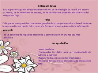 Enlace de datos
Esta capa se ocupa del direccionamiento físico, de la topología de la red, del acceso
al medio, de la detección de errores, de la distribución ordenada de tramas y del
control del flujo.
física
Es la que se encarga de las conexiones globales de la computadora hacia la red, tanto en
lo que se refiere al medio físico como a la forma en la que se transmite la información
protocolo
Es un conjunto de regla que hacen que la comunicación en una red sea mas
eficiente
encapsulación
• crear los datos
•Empaquetar los datos para ser transportado de
extremo a extremo
•Agregar la dirección de red al encabezado
•Anexar la dirección local al encabezado al enlace de
datos
 