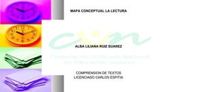 MAPA CONCEPTUAL LA LECTURA




  ALBA LILIANA RUIZ SUAREZ




  COMPRENSION DE TEXTOS
 LICENCIADO CARLOS ESPITIA
 