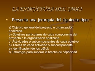 LA ESTRUCTURA DEL SADCI   Presenta una jerarquía del siguiente tipo:  a ) Objetivo general del proyecto u organización analizada. b) Objetivos particulares de cada componente del proyecto o la organización analizada c) Actividades o subcomponentes de cada objetivo d) Tareas de cada actividad o subcomponente e) Identificación de los déficit f) Estrategia para superar la brecha de capacidad 