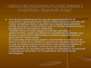 1 DÉFICIT RELACIONADO CON LEYES, NORMAS Y, EN GENERAL, “REGLAS DE JUEGO”. Uno de los problemas por los que las organizaciones no se encuentran capacitadas para realizar ciertas tareas se vinculan con trabas normativas: leyes o decretos que impiden expresamente ciertas acciones o vacíos jurídicos que no facultan expresamente a las agencias involucradas a realizarlas. También entran en esta categoría factores culturales o, genéricamente, pautas de interacción socialmente aceptadas, que actúan a veces como restricciones o condicionamientos para la ejecución de ciertas tareas. En ocasiones estas trabas pueden comprometer la realización de tareas cruciales en la medida en que se ven afectadas por el marco en que se desenvolverán las acciones o las reglas que regirán la actividades de los actores, como en el caso de normas de congelamiento de vacantes que impiden la contratación de personal o subculturas renuentes a la incorporación de innovaciones tecnológicas. 