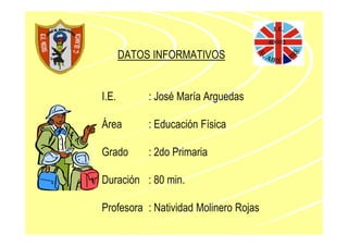 DATOS INFORMATIVOS


I.E.        : José María Arguedas

Área        : Educación Física

Grado       : 2do Primaria

Duración : 80 min.

Profesora : Natividad Molinero Rojas
 