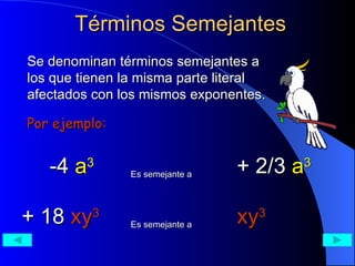 Términos Semejantes Se denominan términos semejantes a los que tienen la misma parte literal afectados con los mismos exponentes. Por ejemplo: -4  a 3 Es semejante a  + 2/3  a 3 + 18  xy 3 Es semejante a  xy 3 