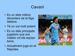 Cavani
●   Es un dels millors
    davanters de la lliga
    italiana.
●   Té un xut molt potent
●   Es un dels principals
    jugadors que ara
    mateix vol els equips
    bons.
●   Actualment juga en el
    Napoles.
 