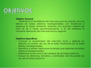 Objetivo General:
Determinar la factibilidad del mercado para la creación de una
fábrica de bolsas plásticas biodegradables con tendencia a
preservar el medio ambiente, teniendo una duración máxima de
vida útil de 6 meses aproximadamente, a fin de satisfacer la
creciente demanda del mercado local y regional.
Objetivos Específicos:
• Conocer la receptividad del mercado local y regional en
relación al cambio del uso de la bolsa tradicional por la bolsa
plástica biodegradable.
• Identificar si existen fábricas en el estado que elaboren las bolsas
plásticas biodegradables.
• Determinar la frecuencia de compras de las bolsas plásticas.
• Evaluar los diferentes tamaños y cantidades más frecuentes de
uso de las bolsas plásticas.
 