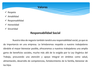 Valores
 Respeto
 Amabilidad
 Responsabilidad
 Honestidad
 Sinceridad
Nuestra idea de negocio también tendrá una responsabilidad social, ya que es
de importancia en una empresa. Le brindaremos respaldo a nuestro trabajadores
dándole el mayor bienestar posible, ofreceremos a nuestros trabajadores una amplia
gama de beneficios sociales, mucho más allá de lo exigido por la Ley Orgánica del
Trabajo, procurando una atención y apoyo integral en ámbitos como salud,
alimentación, desarrollo de competencias, fortalecimiento de la familia, bienestar de
los hijos
Responsabilidad Social
 