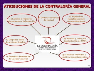 24
ATRIBUCIONES DE LA CONTRALORÍA GENERALATRIBUCIONES DE LA CONTRALORÍA GENERAL
f) Presentar Informe de
la Cuenta General.
a) Acceso a registros,
documentos e información
c) Supervisar
cumplimiento de
recomendaciones.
g) Absolver consultas y
emitir pronunciamientos.
d) Disponer inicio
de acciones legales..
e) Normar y velar por
implantación de OAI’s
b) Ordenar acciones
de control
Art.22º Ley Nº 27785
 