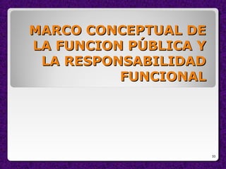 MARCO CONCEPTUAL DEMARCO CONCEPTUAL DE
LA FUNCION PÚBLICA YLA FUNCION PÚBLICA Y
LA RESPONSABILIDADLA RESPONSABILIDAD
FUNCIONALFUNCIONAL
33
 