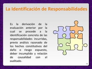 45
Es la derivación de la
evaluación anterior por la
cual se procede a la
identificación concreta de las
responsabilidades incurridas,
previo análisis razonado de
los hechos constitutivos del
daño o riesgo expuesto,
deber incumplido y relación
de causalidad con el
auditado.
La Identificación de Responsabilidades
 