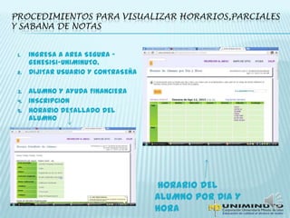 PROCEDIMIENTOS PARA VISUALIZAR HORARIOS,PARCIALES
Y SABANA DE NOTAS
1. INGRESA A AREA SEGURA –
GENESISI-UNIMINUTO.
2. DIJITAR USUARIO Y CONTRASEÑA
3. ALUMNO Y AYUDA FINANCIERA
4. INSCRIPCION
5. HORARIO DETALLADO DEL
ALUMNO
HORARIO DEL
ALUMNO POR DIA Y
HORA
 