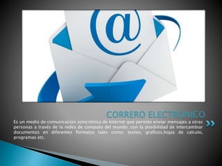 Es un medio de comunicación asincrónica de internet que permite enviar mensajes a otras
personas a través de la redes de computo del mundo; con la posibilidad de intercambiar
documentos en diferentes formatos tales como: textos, graficos,hojas de calculo,
programas etc.
CORRERO ELECTRONICO
 