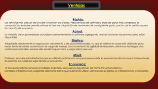 Ventajas 
Rápida: 
Los servicios más básicos de la nube funcionan por sí solos. Para servicios de software y base de datos más complejos, la 
computación en nube permite saltarse la fase de adquisición de hardware y el consiguiente gasto, por lo cual es perfecta para 
la creación de empresas. 
Actual: 
La mayoría de los proveedores actualizan constantemente su software, agregando nuevas funciones tan pronto como están 
disponibles. 
Elástica: 
Adaptable rápidamente a negocios en crecimiento o de picos estacionales, ya que el sistema en nube está diseñado para 
hacer frente a fuertes aumentos en la carga de trabajo. Esto incrementa la agilidad de respuesta, disminuye los riesgos y los 
costos operacionales, porque sólo escala lo que crece y paga sólo lo que usa. 
Móvil: 
El sistema en nube está diseñado para ser utilizado a distancia, así que el personal de la empresa tendrá acceso a la mayoría de 
los sistemas en cualquier lugar donde se encuentre. 
Económica: 
El proveedor ofrece servicios a multiples empresas, las cuales se benefician de compartir una moderna y 
compleja infraestructura, pagando solamente por lo que realmente utilizan, eliminando así gastos en infraestructura innecesaria. 
 