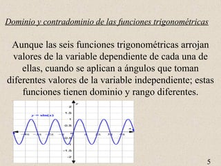 Dominio y contradominio de las funciones trigonométricas 
Aunque las seis funciones trigonométricas arrojan 
valores de la variable dependiente de cada una de 
5 
ellas, cuando se aplican a ángulos que toman 
diferentes valores de la variable independiente; estas 
funciones tienen dominio y rango diferentes. 
 