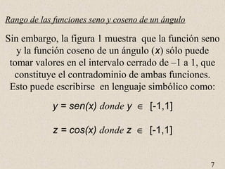 Rango de las funciones seno y coseno de un ángulo 
Sin embargo, la figura 1 muestra que la función seno 
y la función coseno de un ángulo (x) sólo puede 
tomar valores en el intervalo cerrado de –1 a 1, que 
constituye el contradominio de ambas funciones. 
Esto puede escribirse en lenguaje simbólico como: 
7 
y = sen(x) donde y Î [-1,1] 
z = cos(x) donde z Î [-1,1] 
 