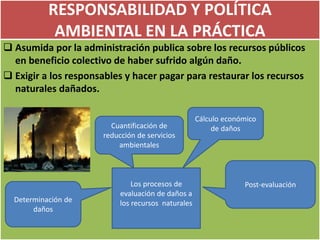 RESPONSABILIDAD Y POLÍTICA
AMBIENTAL EN LA PRÁCTICA
 Asumida por la administración publica sobre los recursos públicos
en beneficio colectivo de haber sufrido algún daño.
 Exigir a los responsables y hacer pagar para restaurar los recursos
naturales dañados.
Cuantificación de
reducción de servicios
ambientales
Determinación de
daños
Post-evaluaciónLos procesos de
evaluación de daños a
los recursos naturales
Cálculo económico
de daños
 