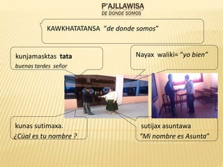 P’AJLLAWISA
DE DONDE SOMOS
kunjamasktas tata
buenas tardes señor
Nayax waliki= “yo bien”
kunas sutimaxa.
¿Cúal es tu nombre ?
sutijax asuntawa
“Mi nombre es Asunta”
KAWKHATATANSA “de donde somos”
 