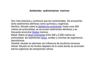 Ambientes sedimentarios marinos
Son más extensos y continuos que los continentales. Se encuentran
tanto sedimentos detríticos como químicos y orgánicos.
Nerítico: Situado sobre la plataforma continental, hasta unos 200
metros de profundidad; se acumulan sedimentos detríticos y es
frecuente encontrar fósiles marinos.
Batial: Sobre el talud continental entre 200 y 2,000 metros de
profundidad. Se sedimentan limos, arcillas y conchas de organismos
planctónicos.
Artistral: situado en planicies con influencia de acuíferos cercanos
Abisal: Situado en los fondos alejados de la costa donde se acumulan
barros orgánicos de composición silícea
 