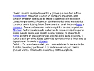Fluvial: Los ríos transportan cantos y granos que solo han sufrido
meteorización mecánica y sufren un transporte mecánico, pero
también arrastran partículas de arcilla y sustancias en disolución
Lacustre y pantanoso: Presentan sedimentos detríticos intercalados
con otros de carácter químico. Se encuentran en el fondo de lagos y
pantanos. Son abundantes en materia orgánica en descomposición.
Albufera: Se forman detrás de las barras de arena construidas por el
oleaje cuando queda una porción de mar aislada; no obstante, la
marea penetra en ellas por canales abiertos en la barra de arena, y
vuelve a salir por ellos. Estas corrientes aportan arenas y limos que se
depositan en fondo de la albufera.
Deltaico: Es un ambiente mixto, con características de los ambientes
fluviales, lacustre y pantanoso. Los sedimentos incluyen clastos
gruesos y finos, precipitados químicos y materia orgánica.
 