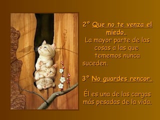 2°2° Que no te venza elQue no te venza el
miedo.miedo.
La mayor parte de lasLa mayor parte de las
cosas a las quecosas a las que
tememos nuncatememos nunca
suceden.suceden.
3°3° No guardes rencor.No guardes rencor.
Él es una de las cargasÉl es una de las cargas
más pesadas de la vida.más pesadas de la vida.
