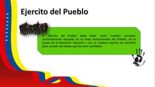 El Ejército del Pueblo debe estar, como cuestión principal,
profundamente educado en la línea revolucionaria del Partido, en la
causa de la liberación nacional y con un máximo espíritu de sacrificio
para cumplir las tareas que les eran confiadas.
 