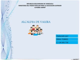 REPUBLICA BOLIVARIANA DE VENEZUELA
MINISTERIO DEL PODER POPULAR PARA LA EDUCACION SUPERIOR
IUTEMBI-UNIPAP
Elaborado por:
ERIKA TORRES
C.I 24.565.716
ALCALDIA DE VALERA
 