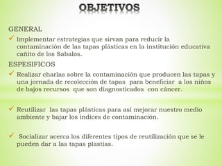 GENERAL
 Implementar estrategias que sirvan para reducir la
contaminación de las tapas plásticas en la institución educativa
cañito de los Sabalos.
ESPESIFICOS
 Realizar charlas sobre la contaminación que producen las tapas y
una jornada de recolección de tapas para beneficiar a los niños
de bajos recursos que son diagnosticados con cáncer.
 Reutilizar las tapas plásticas para así mejorar nuestro medio
ambiente y bajar los índices de contaminación.
 Socializar acerca los diferentes tipos de reutilización que se le
pueden dar a las tapas plastias.
 
