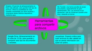 Herramientas
para compartir
archivos
Dropbox. El servicio de almacenamiento en
línea más utilizado, para guardar todo tipo de
archivos. Ofrece la posibilidad de crear
carpetas compartidas con otros usuarios y
conectarse desde distintos dispositivos
mediante apps.
Google Drive. Almacenamiento en
la nube de 15 Gb, para guardar y
compartir todo tipo de documentos
y carpetas.
We Transfer. Una forma sencilla de enviar
documentos, especialmente de gran
tamaño(hasta Gb). Los archivos no se
almacenan, sólo se conservan durante unos
días y después se borran.
Jumpshare. Espacio online para
subir archivos en alta calidad sin
que se pierda información con
quien se quiera.
 