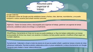 Recursos para
organizar el
trabajo
Google Calendar
El calendario online de Google permite establecer tareas y fechas, citas, alarmas, recordatorios, y se puede
compartir a varios usuarios para añadir eventos comunes.
Hightrack.- Gestor de tareas online y descargable para organizar el trabajo, gestionar una agenda de tareas
personal y establecer plazos de entrega o cumplimiento.
WorkFlowy.-Herramienta en línea con la que se puede establecer un flujo de trabajo colaborativo con tareas
jerarquizadas de forma muy visual. Los usuarios o invitados a la lista pueden aportar y modificar el flujo según se
cumplan objetivos.
Symphonical.- Calendario virtual a modo de pizarra en el que se pueden añadir y gestionar tareas a través de notas
adhesivas multimedia. Permite la edición colaborativa entre un grupo establecido y enlaza directamente con Google
Hangouts para chatear o hacer videoconferencias.
 