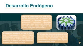 Desarrollo Endógeno
Según la constitución y el Plan de la
Nación 2001-2007 es “El conjunto de
propuestas y acciones político –
económicas nacionales, diseñadas
desde, para y por dentro, con el objetivo
de estructurar redes orgánicas de
núcleos endógenos de desarrollo.”
El enfoque del desarrollo endógeno tiene
su visión dentro del territorio y de los
procesos de crecimiento, bajo la
concentración del espacio como agente
de transformación social.
El desarrollo endógeno es, por lo tanto,
una interpretación que tiene
características propias. Cuando se la
compara con los modelos de crecimiento
endógeno, se aprecia que tiene similitudes
y diferencias notables con ellos.
 