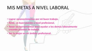 MIS METAS A NIVEL LABORAL
• Lograr reconocimientos por mi buen trabajo.
• Tener un buen puesto a nivel profesional.
• Tener las herramientas para ayudar a los demás laboralmente
creando puestos de trabajo.
• Ser la mejor en mi ámbito profesional.
 