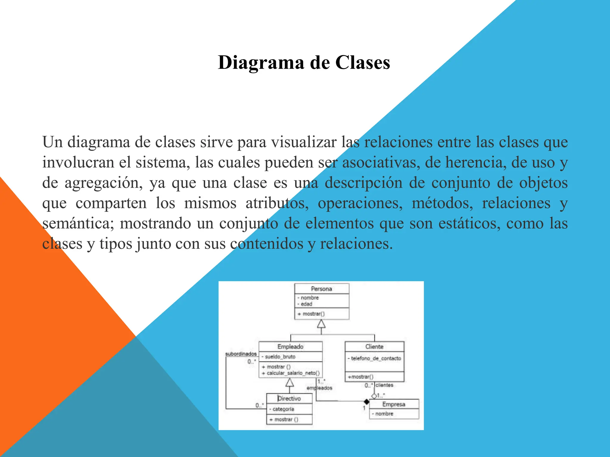 Diagrama de Clases
Un diagrama de clases sirve para visualizar las relaciones entre las clases que
involucran el sistema, las cuales pueden ser asociativas, de herencia, de uso y
de agregación, ya que una clase es una descripción de conjunto de objetos
que comparten los mismos atributos, operaciones, métodos, relaciones y
semántica; mostrando un conjunto de elementos que son estáticos, como las
clases y tipos junto con sus contenidos y relaciones.
 