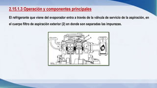 2.15.1.3 Operación y componentes principales
El refrigerante que viene del evaporador entra a través de la válvula de serv...