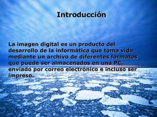 Introducción La imagen digital es un producto del desarrollo de la informática que toma vida mediante un archivo de diferentes formatos que puede ser almacenados en una PC, enviado por correo electrónico e incluso ser impreso. 