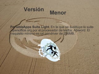 Versión   PortableApps Suite Light . En la que se sustituye la suite openoffice.org por el procesador de textos: Abiword. El requisito mínimo es un pendriver de 256MB. Menor 