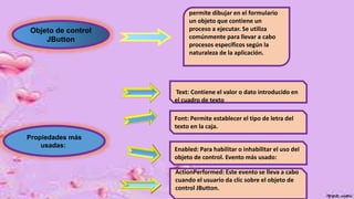 Objeto de control
JButton
Propiedades más
usadas:
permite dibujar en el formulario
un objeto que contiene un
proceso a ejecutar. Se utiliza
comúnmente para llevar a cabo
procesos específicos según la
naturaleza de la aplicación.
Text: Contiene el valor o dato introducido en
el cuadro de texto
Font: Permite establecer el tipo de letra del
texto en la caja.
Enabled: Para habilitar o inhabilitar el uso del
objeto de control. Evento más usado:
ActionPerformed: Este evento se lleva a cabo
cuando el usuario da clic sobre el objeto de
control JButton.
 