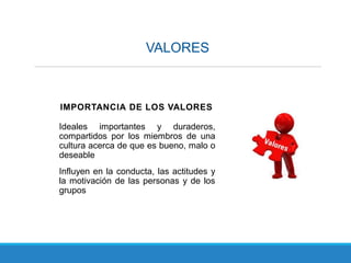 VALORES
IMPORTANCIA DE LOS VALORES
Ideales importantes y duraderos,
compartidos por los miembros de una
cultura acerca de que es bueno, malo o
deseable
Influyen en la conducta, las actitudes y
la motivación de las personas y de los
grupos
 