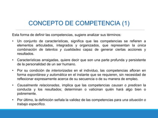 CONCEPTO DE COMPETENCIA (1)
Esta forma de definir las competencias, sugiere analizar sus términos:
• Un conjunto de características, significa que las competencias se refieren a
elementos articulados, integrados y organizados, que representan la única
combinación de talentos y cualidades capaz de generar ciertas acciones y
resultados.
• Características arraigadas, quiere decir que son una parte profunda y persistente
de la personalidad de un ser humano.
• Por su condición de interiorizadas en el individuo, las competencias afloran en
forma espontánea y automática en el instante que se requieren, sin necesidad de
reflexionar expresamente acerca de su secuencia o de su manera de empleo.
• Causalmente relacionadas, implica que las competencias causan o predicen la
conducta y los resultados; determinan o vaticinan quién hará algo bien o
pobremente.
• Por último, la definición señala la validez de las competencias para una situación o
trabajo específico.
 