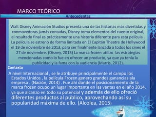 MARCO TEÓRICO
Contexto
A nivel Internacional , se le atribuye principalmente el campo los
Estados Unidos , la película Frozen genero grandes ganancias ala
empresa . (Nación, 2014) . Fue ahí donde el posicionamiento de la
marca frozen ocupo un lugar importante en las ventas en el año 2014,
ya que alcanzo en todo su potencial y además de ello ofreció
diferentes productos al público, aprovechando así su
popularidad máxima de ello. (Alcolea, 2015)
Antecedentes
Walt Disney Animación Studios presenta una de las historias más divertidas y
conmovedoras jamás contadas, Disney toma elementos del cuento original,
el resultado final es prácticamente una historia diferente para esta película .
La película se estrenó de forma limitada en El Capitán Theatre de Hollywood
el 19 de noviembre de 2013, para ser finalmente lanzada a todos los cines el
27 de noviembre. (Disney, 2013) La marca frozen utilizo las estrategias
mencionadas como lo fue en ofrecer un producto, ya que ya tenía la
publicidad y la fama con la audiencia (Marris, 2012).
Majo
 