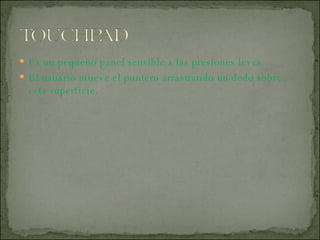 Es un pequeño panel sensible a las presiones leves  El usuario mueve el puntero arrastrando un dedo sobre esta superficie.  